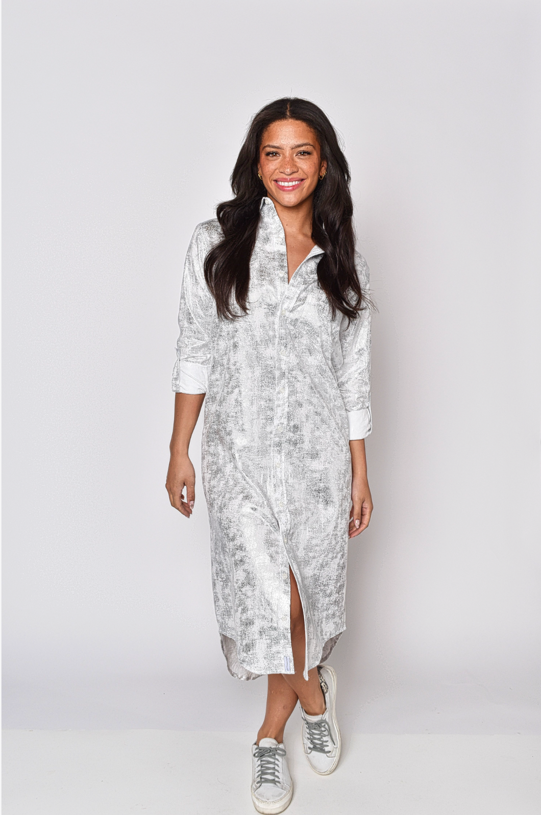 WHITE/SLIVER COTTON GIRLFRIEND MIDI DRESS