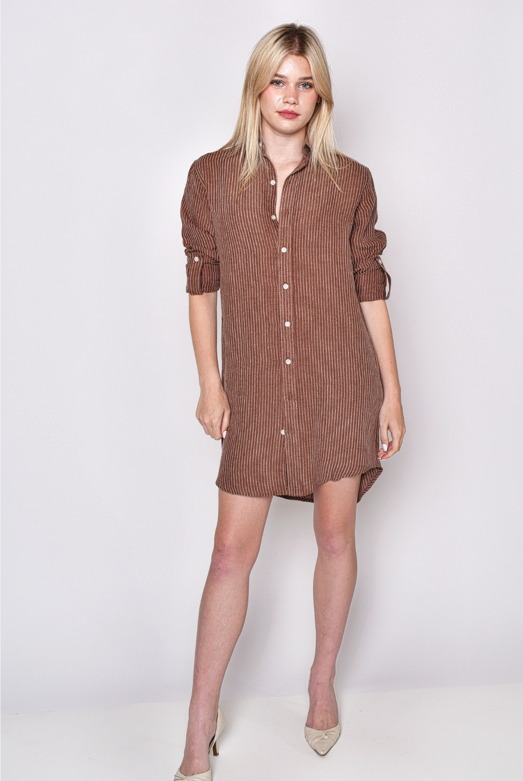 BROWN STRIPE GIRLFRIEND MINI DRESS