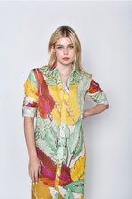YELLOW AND GREEN LEAF LINEN GIRLFRIEND MIDI DRESS
