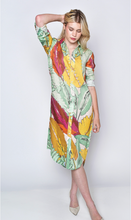 YELLOW AND GREEN LEAF LINEN GIRLFRIEND MIDI DRESS