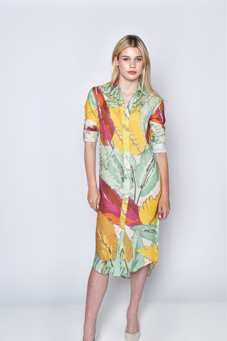 YELLOW AND GREEN LEAF LINEN GIRLFRIEND MIDI DRESS