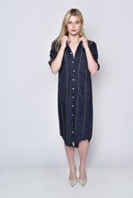 DENIM AND BROWN STRIPE GIRLFRIEND MIDI DRESS