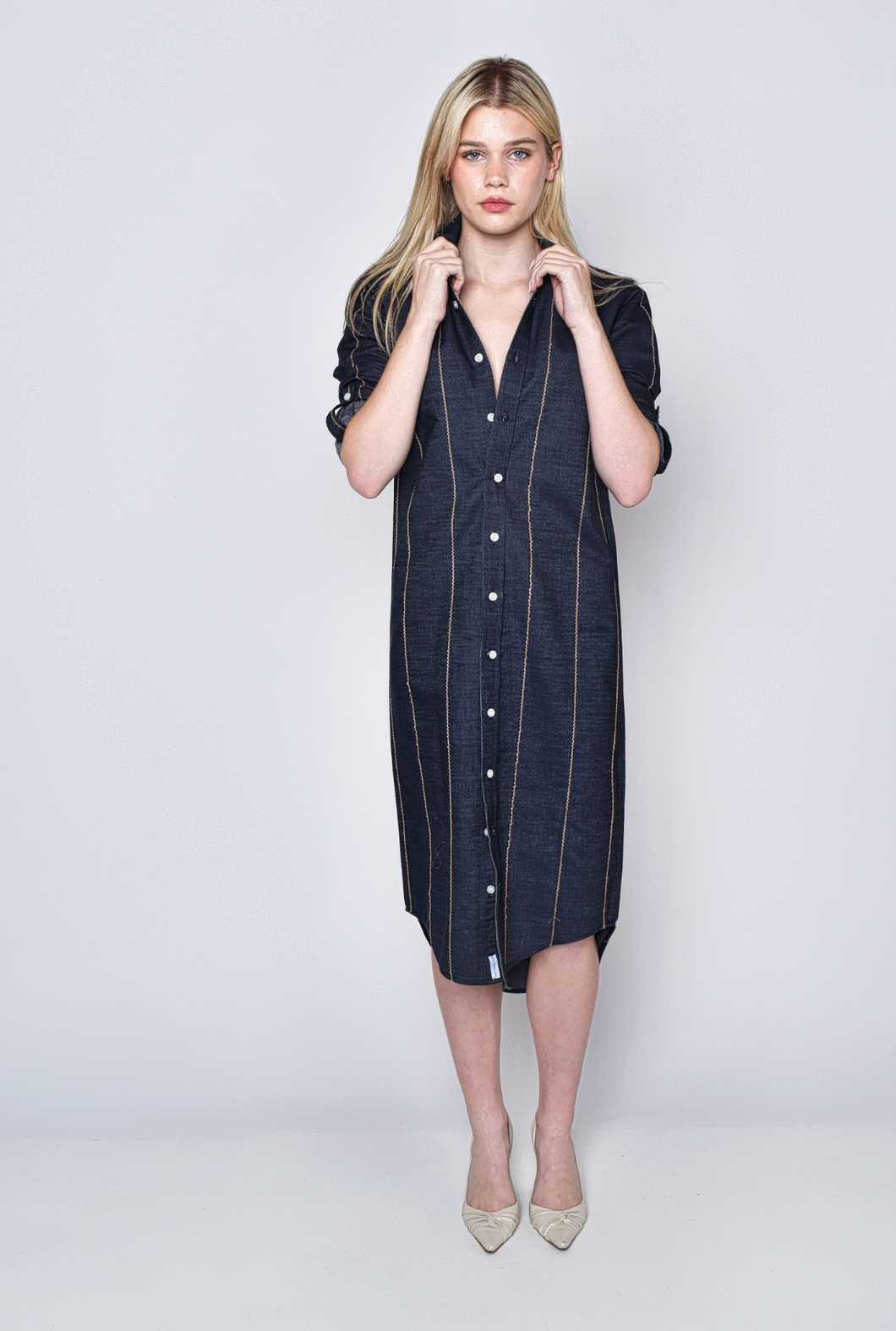 DENIM AND BROWN STRIPE GIRLFRIEND MIDI DRESS