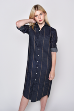DENIM AND BROWN STRIPE GIRLFRIEND MIDI DRESS