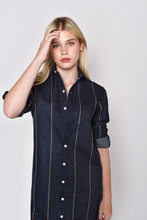 DENIM AND BROWN STRIPE GIRLFRIEND MIDI DRESS