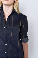 DENIM AND BROWN STRIPE GIRLFRIEND MIDI DRESS