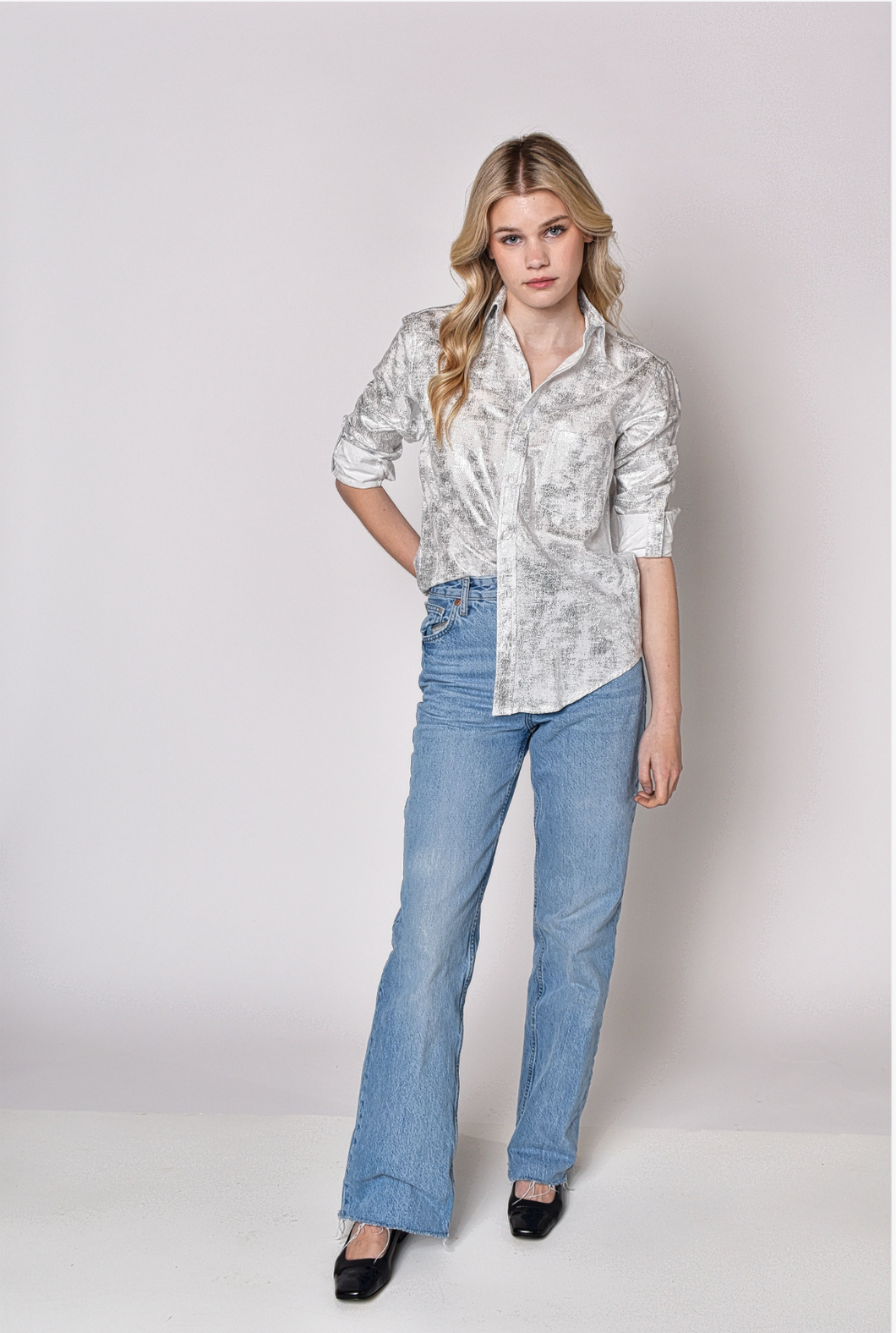 WHITE/SILVER COTTON GIRLFRIEND SHIRT