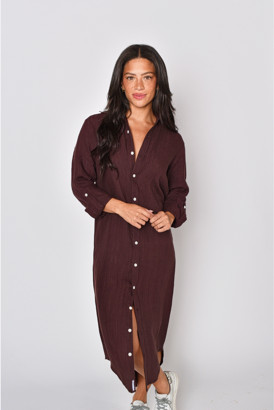 BROWN JACQUARD LINEN GIRLFRIEND MIDI DRESS