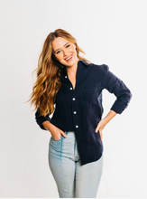 NAVY WASHED LINEN GIRLFRIEND BUTTON DOWN SHIRT