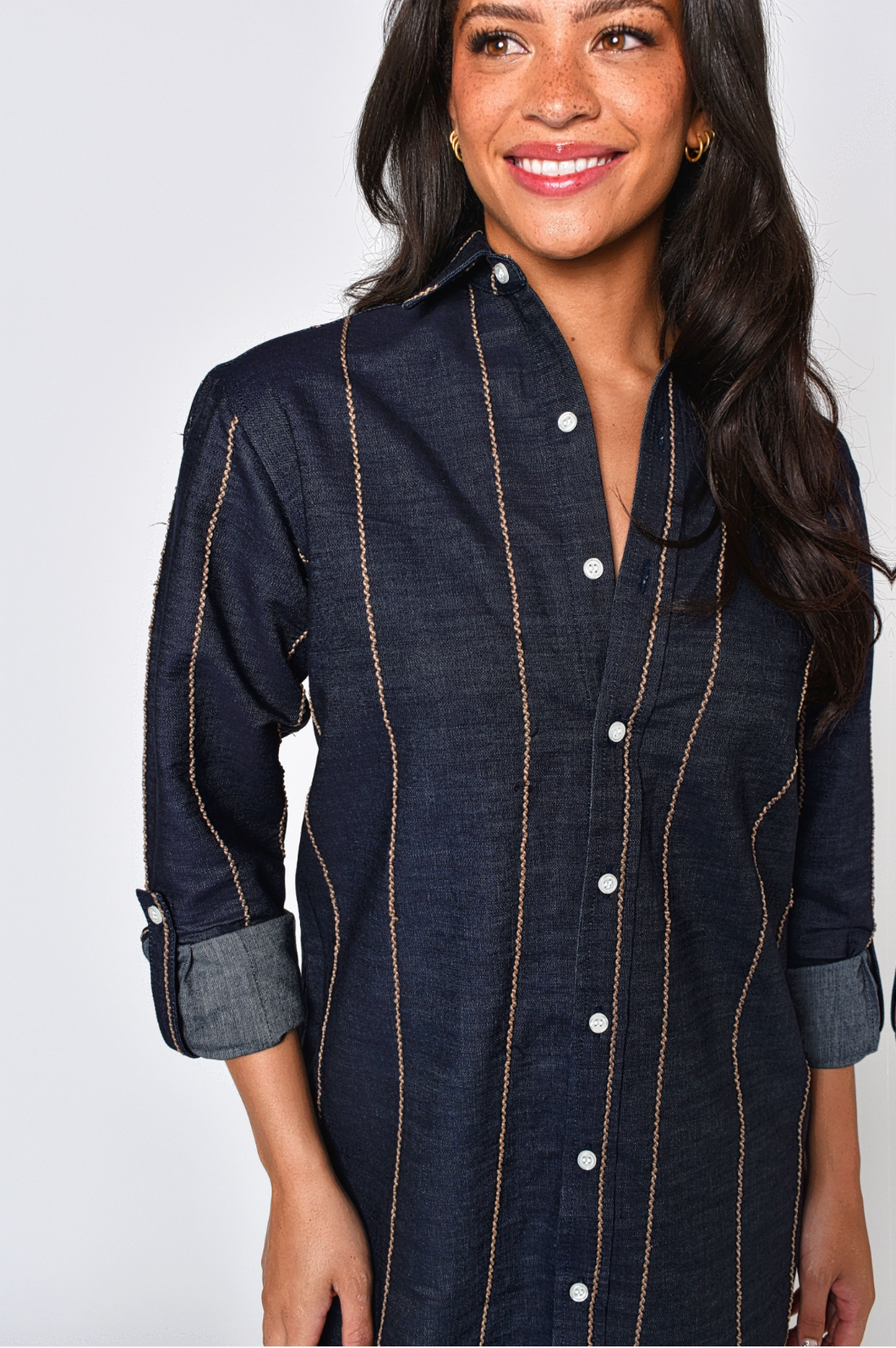 DENIM AND BROWN STRIPE GIRLFRIEND MIDI DRESS