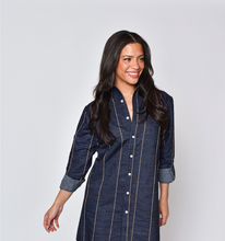 DENIM AND BROWN STRIPE GIRLFRIEND MIDI DRESS