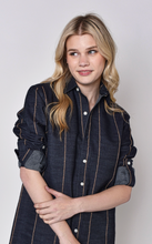 DENIM AND BROWN STRIPE GIRLFRIEND MINI DRESS