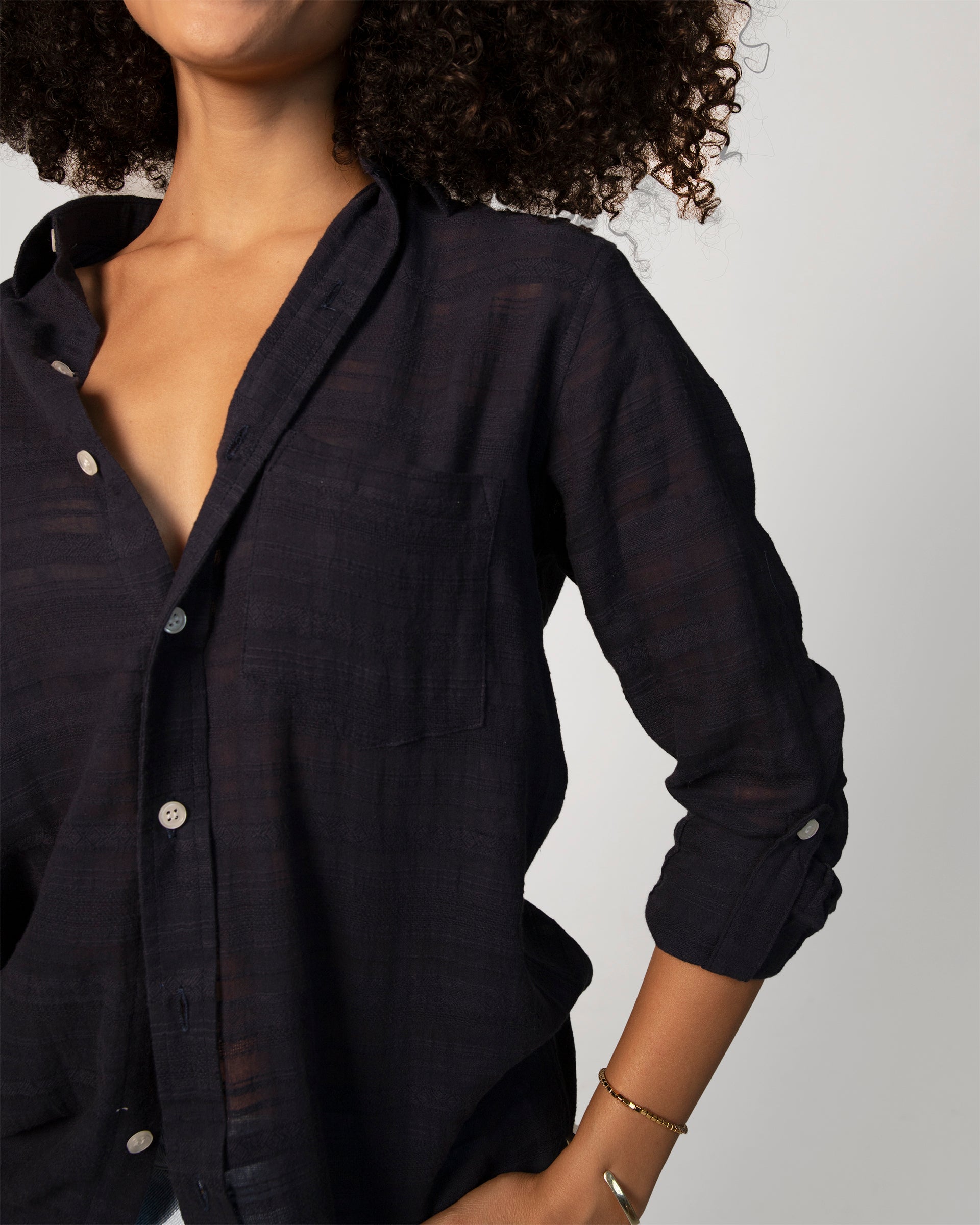 NAVY WINDOWPANE GIRLFRIEND BUTTON DOWN SHIRT