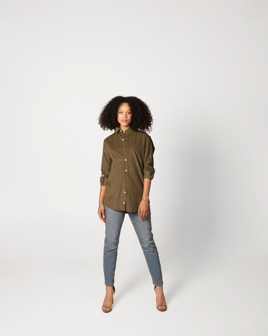 OLIVE GREEN BABY CORD GIRLFRIEND BUTTON DOWN SHIRT