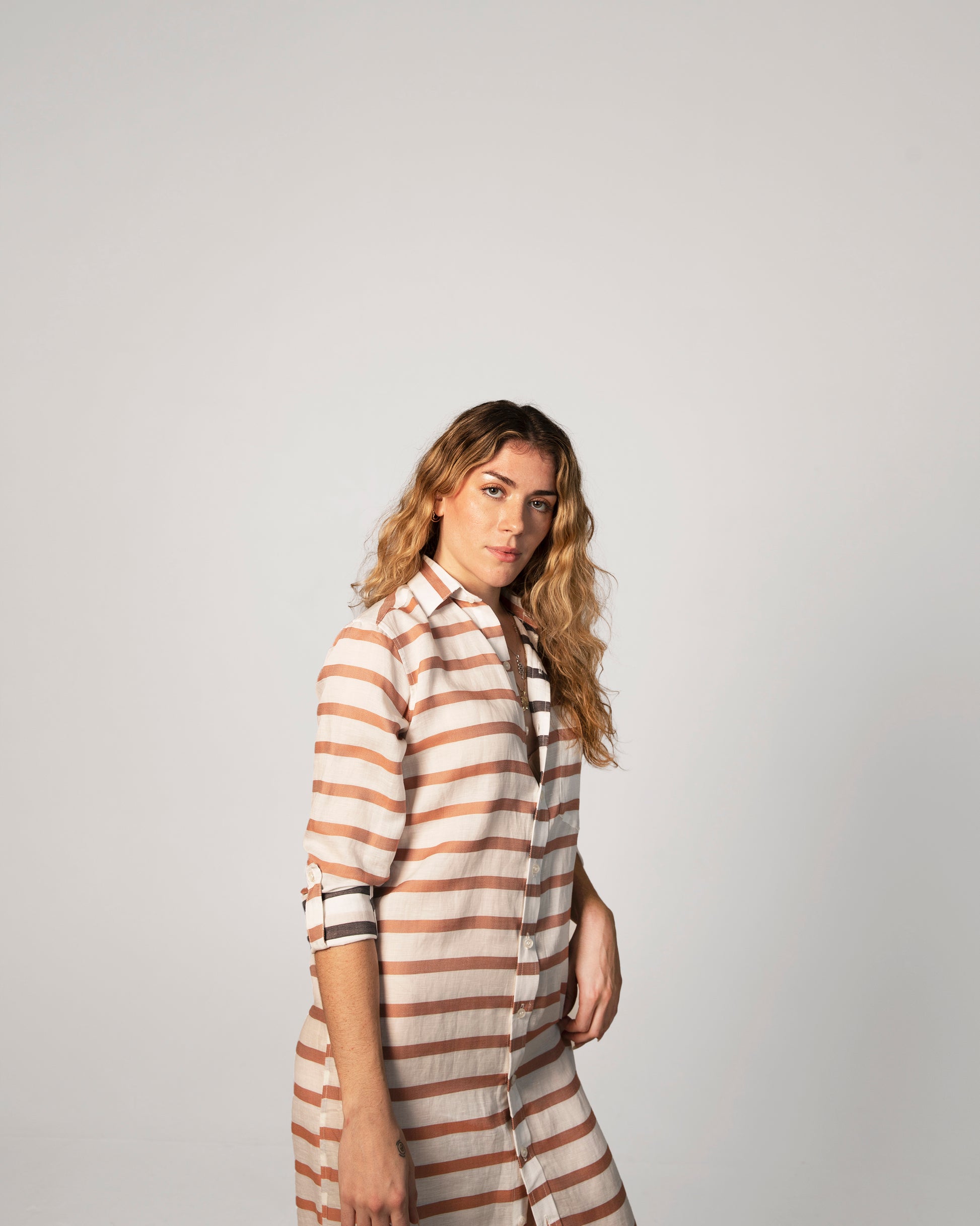 ORANGE/WHITE REVERSE STRIPE GIRLFRIEND MIDI DRESS