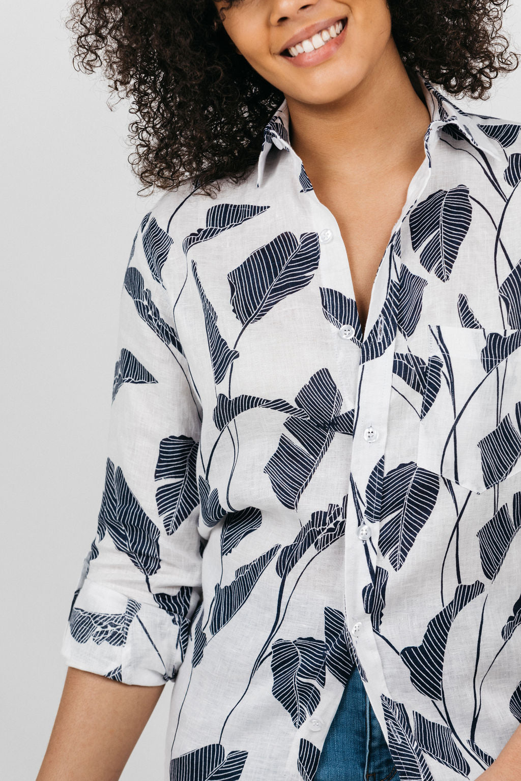 WHITE LINEN WITH NAVY PALM LEAVES GIRLFRIEND BUTTON DOWN SHIRT