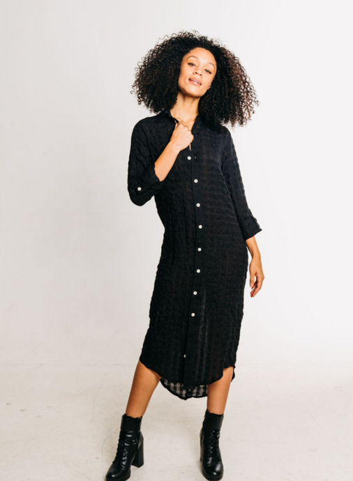 BLACK BUBBLE LINEN GIRLFRIEND DRESS