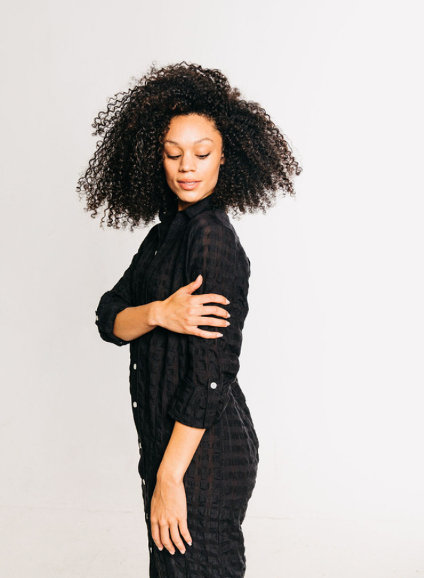 BLACK BUBBLE LINEN GIRLFRIEND MIDI DRESS