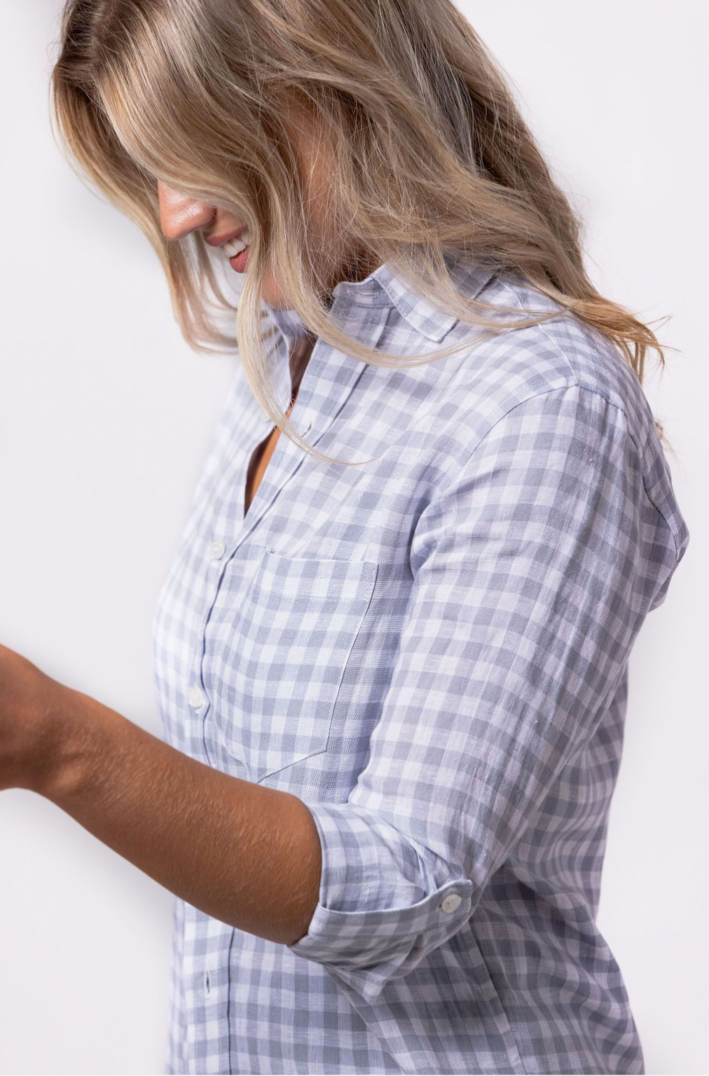 WHITE/GREY CHECK LINEN GIRLFRIEND SHIRT