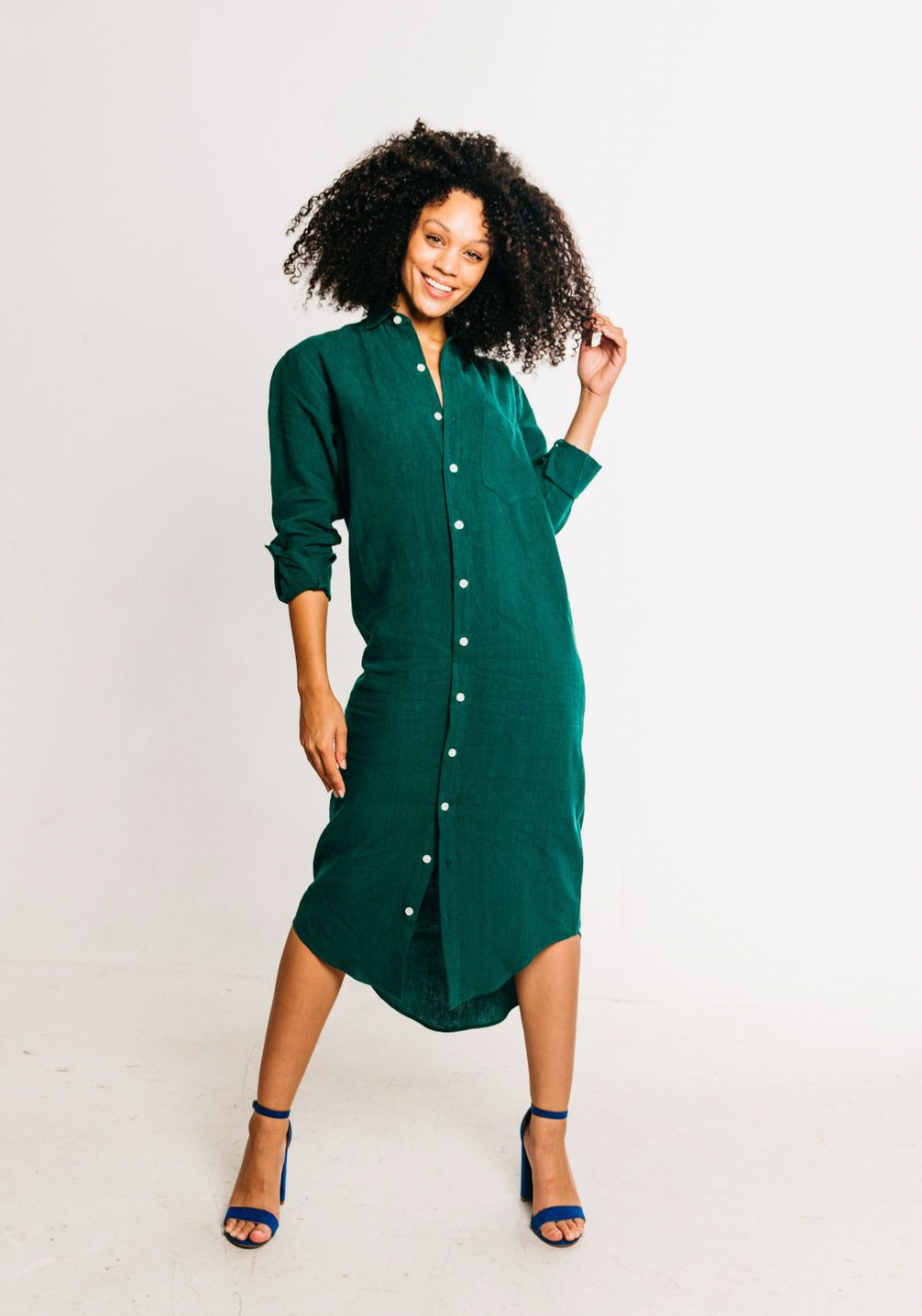 EMERALD GREEN LINEN GIRLFRIEND MIDI DRESS
