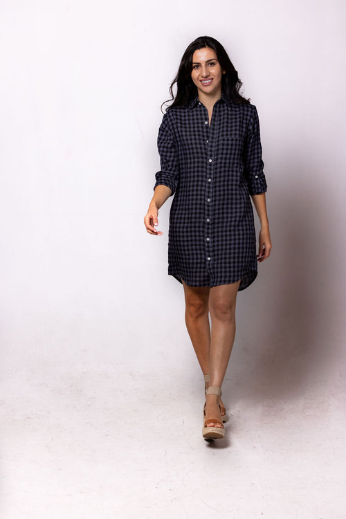 BLACK & GREY CHECK LINEN GIRLFRIEND DRESS