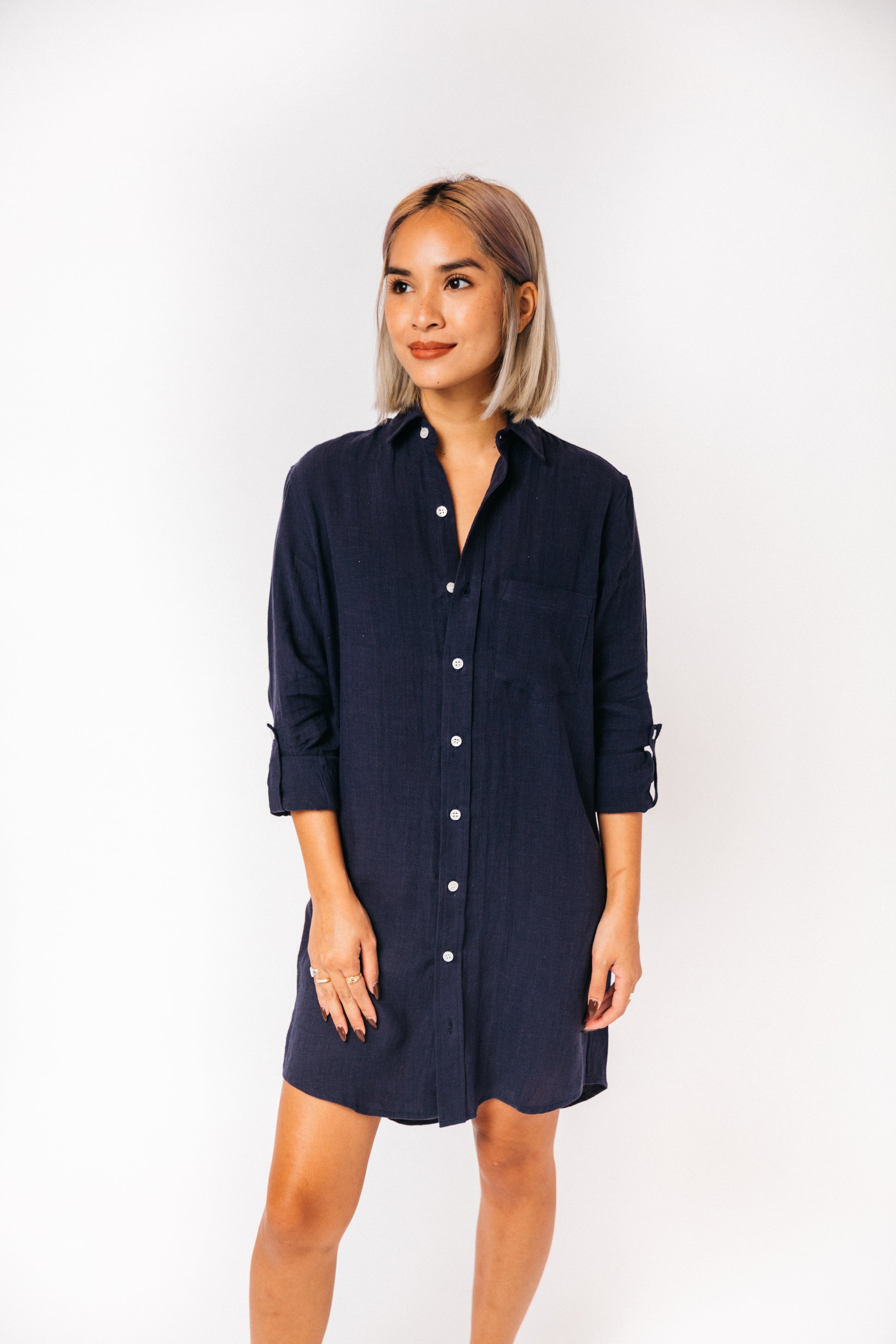 NAVY WASHED LINEN GIRLFRIEND DRESS